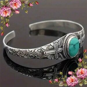 Bohemian Vintage Style Cross Shaped Adjustable Bangle‎ With Fake Turquoise